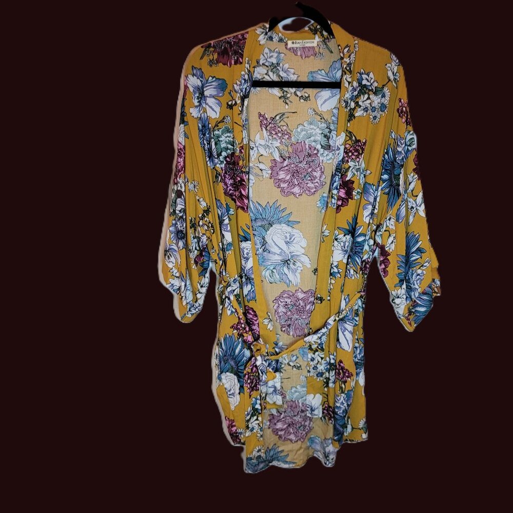 Riah Fashion Women's Mustard Floral Boho Open Front Kimono One Size